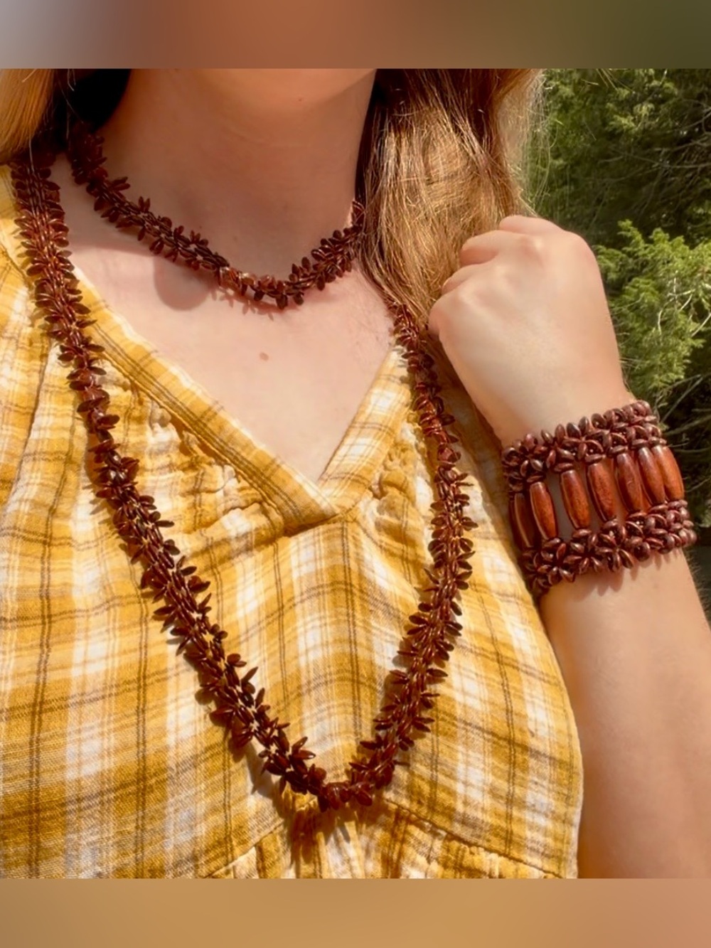 Vintage Hawaiian Koa Seed Necklace and Wood Bead Cuff